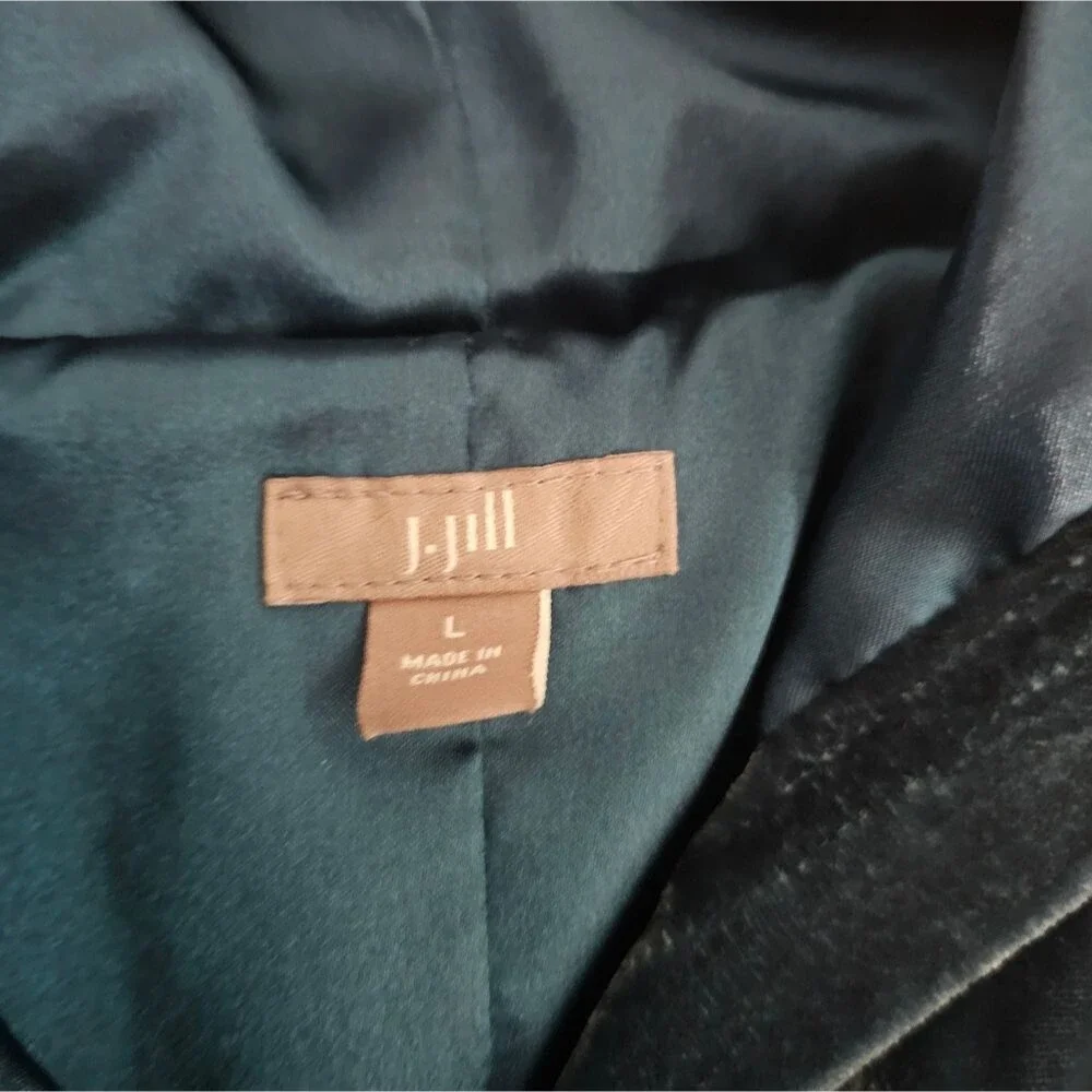 J. Jill Silk Blend Velvet Hooded Jacket Sz L Teal Statement Layer Jewel Tone - Picture 7 of 16